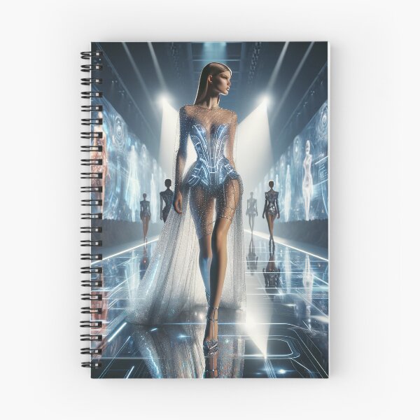 Item preview, Model in a futuristic dress made of light-reflecting materials, walking down a runway surrounded by holograms designed and sold by AndreaMart.
