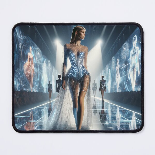 Item preview, Model in a futuristic dress made of light-reflecting materials, walking down a runway surrounded by holograms designed and sold by AndreaMart.
