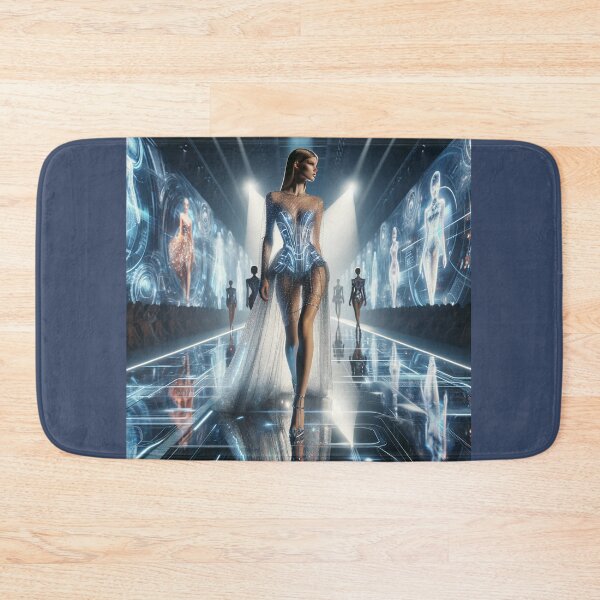 Item preview, Model in a futuristic dress made of light-reflecting materials, walking down a runway surrounded by holograms designed and sold by AndreaMart.