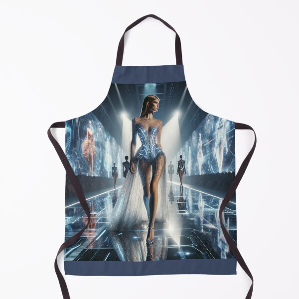 Item preview, Model in a futuristic dress made of light-reflecting materials, walking down a runway surrounded by holograms designed and sold by AndreaMart.