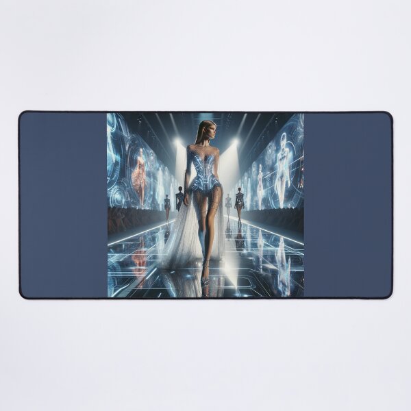Item preview, Model in a futuristic dress made of light-reflecting materials, walking down a runway surrounded by holograms designed and sold by AndreaMart.