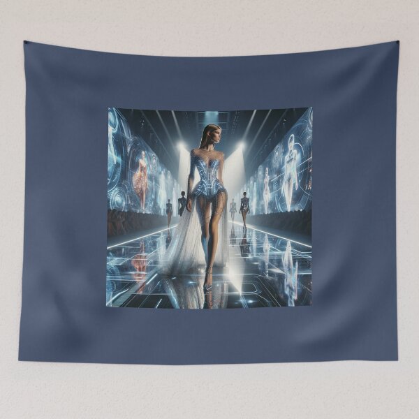 Item preview, Model in a futuristic dress made of light-reflecting materials, walking down a runway surrounded by holograms designed and sold by AndreaMart.