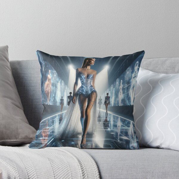 Item preview, Model in a futuristic dress made of light-reflecting materials, walking down a runway surrounded by holograms designed and sold by AndreaMart.