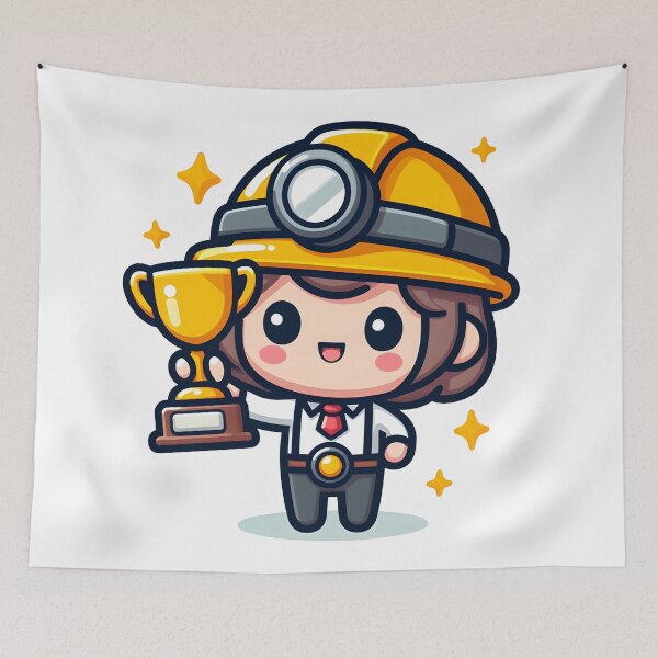 Item preview, Kawaii Miner With A Trophy And A Safety Helmet designed and sold by CanvasCutie.