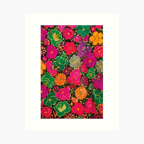 Aperçu de l'œuvre Fleurs brodées de rose chaud vert décor dopaminergique maximaliste art populaire mexicain créée et vendue par T-Mex.