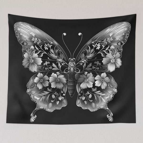 Item preview, Black and white flower butterfly print designed and sold by dcrc.