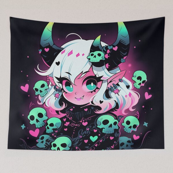 Item preview, Dark and Neon Skull Love Anime Girl designed and sold by bubblegoth.