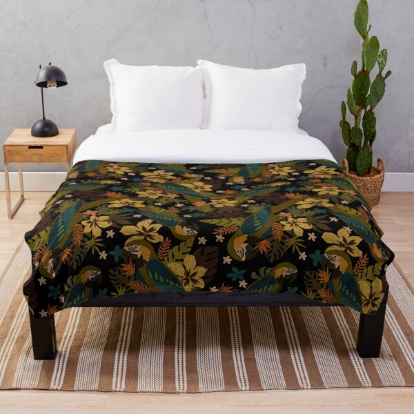 Item preview, tropical print with parrots flowers and foliage and black background. designed and sold by RODRIGORo.