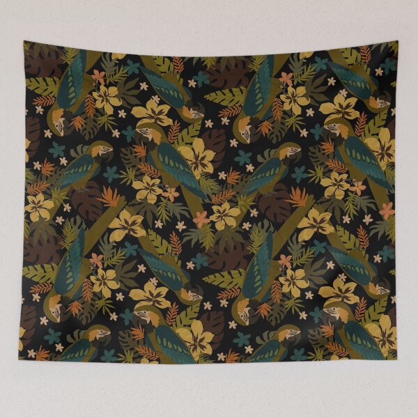 Item preview, tropical print with parrots flowers and foliage and black background. designed and sold by RODRIGORo.