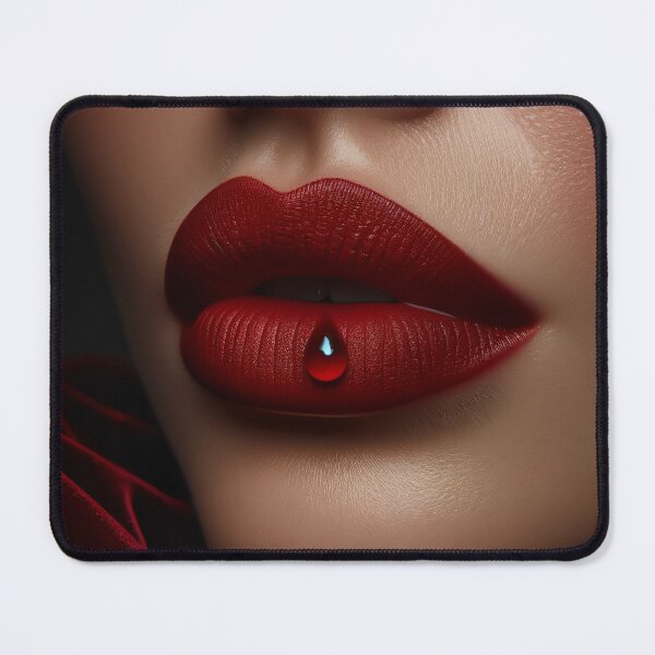 Item preview, Woman's lips, painted in a bold shade of red, slightly parted, with a single drop of dew, against a backdrop of deep velvet designed and sold by AndreaMart.