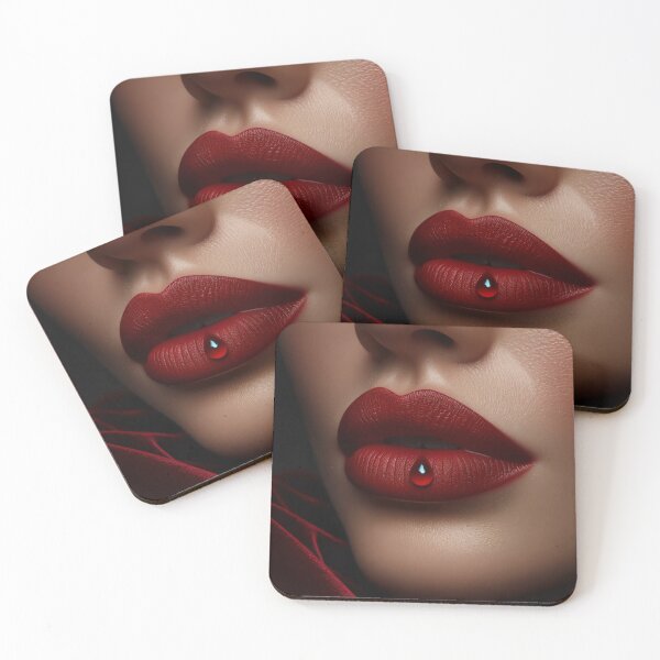 Item preview, Woman's lips, painted in a bold shade of red, slightly parted, with a single drop of dew, against a backdrop of deep velvet designed and sold by AndreaMart.