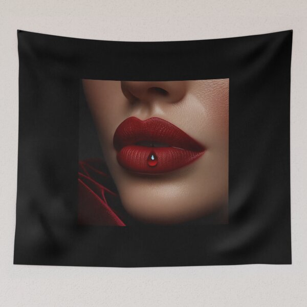 Item preview, Woman's lips, painted in a bold shade of red, slightly parted, with a single drop of dew, against a backdrop of deep velvet designed and sold by AndreaMart.