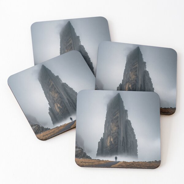 Item preview, person stands on a path in front of a large rock formation that resembles a castle tower. The sky is dark and foggy, creating a dramatic and mysterious atmosphere. designed and sold by petrovk.