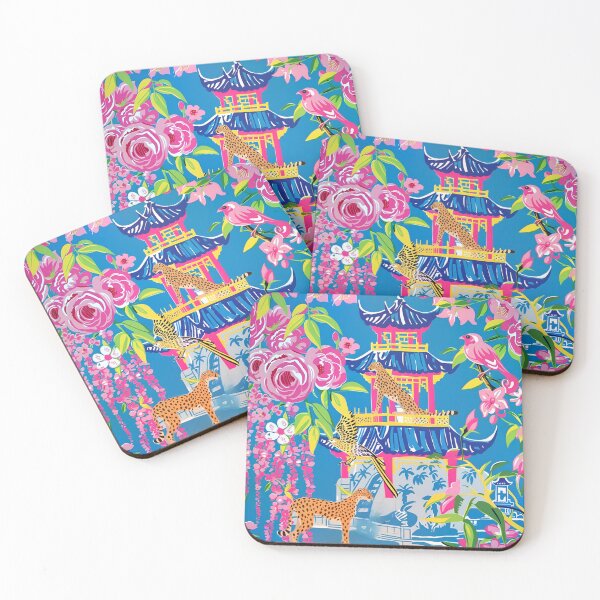 Item preview, Preppy cheetah in chinoiserie garden in pink and cornflower blue designed and sold by SophieClimaArt.