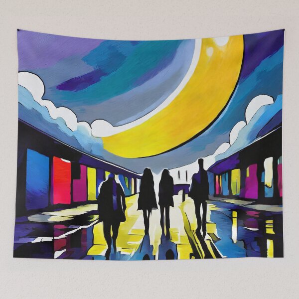 Item preview, crescent Moon people walking colorful painting travel contemporary urban designed and sold by Meena-tta.