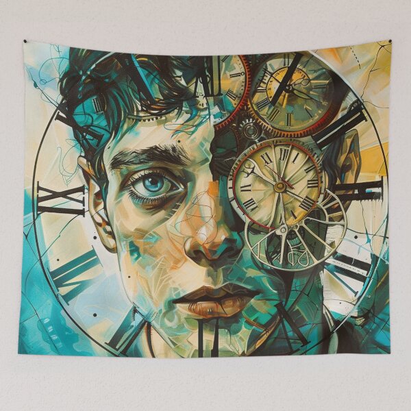 Item preview, A man's face juxtaposed with a clock face, surreal double gouache ink colors  designed and sold by Vintage Hustle.