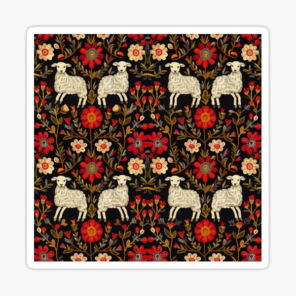 Red Flower Traditional Pair of Sheep Embroidery Print Sticker