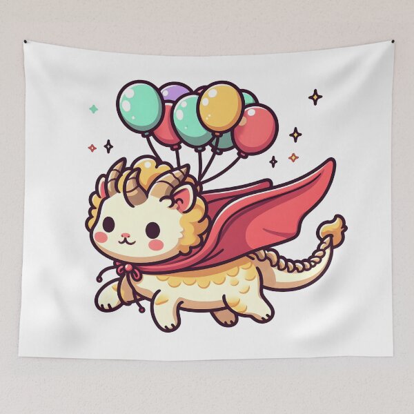 Item preview, Kawaii Delightful Chimera With Cape Flying With Balloons designed and sold by CanvasCutie.