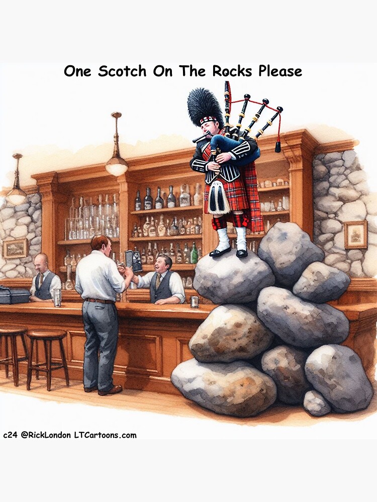 Thumbnail 3 of 3, Sticker, Scotch On The Rocks Complete With Bagpipes designed and sold by ltcartoons.