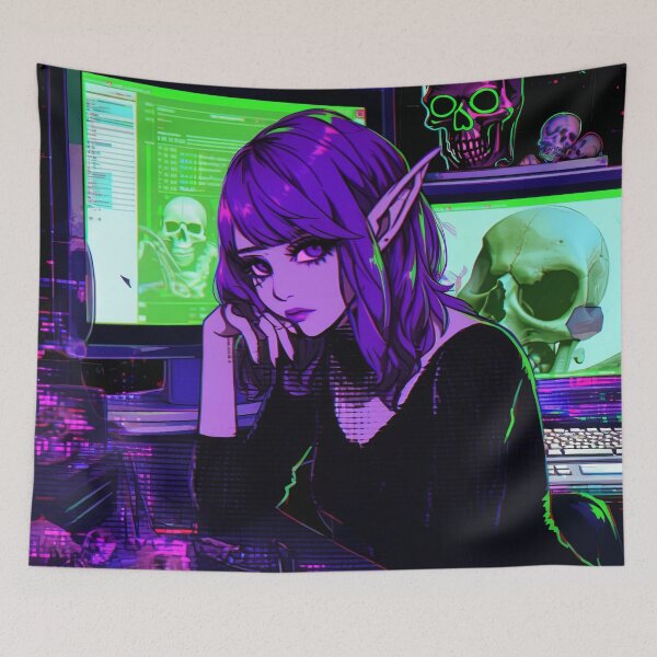 Item preview, Neon Skull Hacker Hologram Anime Girl designed and sold by bubblegoth.