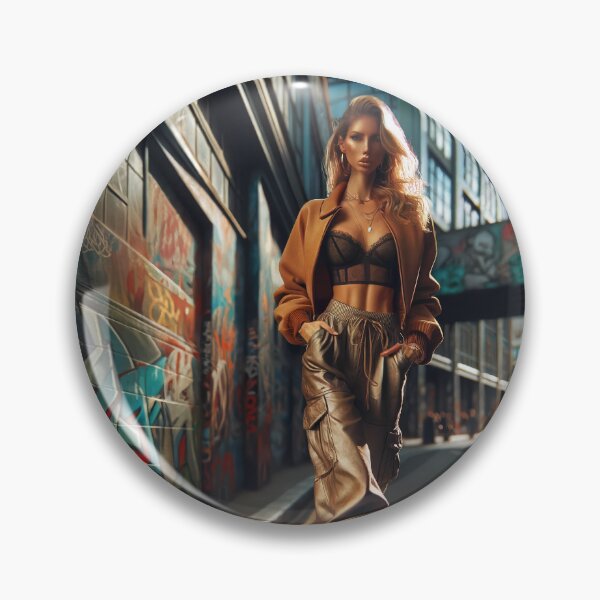 Item preview, Woman striding confidently down a graffiti-lined urban street, her outfit a mix of high fashion and street style designed and sold by AndreaMart.