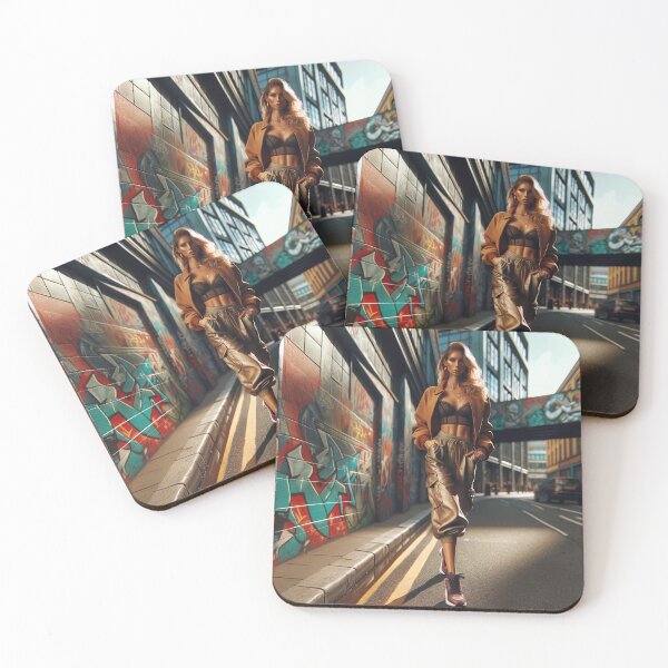 Item preview, Woman striding confidently down a graffiti-lined urban street, her outfit a mix of high fashion and street style designed and sold by AndreaMart.