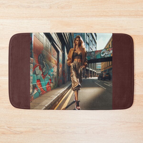 Item preview, Woman striding confidently down a graffiti-lined urban street, her outfit a mix of high fashion and street style designed and sold by AndreaMart.
