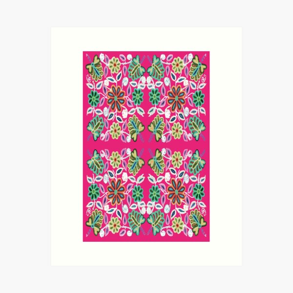 Aperçu de l'œuvre Décor maximaliste rose art populaire fleurs brodées style boho chic créée et vendue par T-Mex.