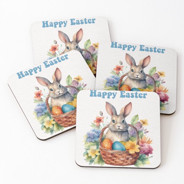 Item preview, Easter card with watercolor Cute Easter Bunny in easter basket with easter eggs and flowers designed and sold by Createya.