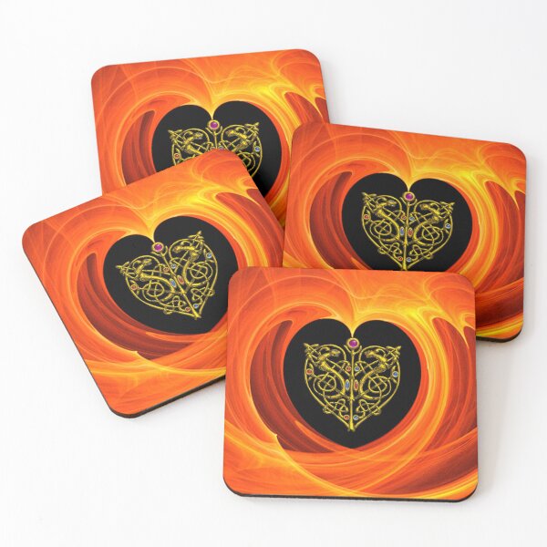 Item preview, GOLD CELTIC KNOT HEART, LIZARDS  IN BLACK ORANGE YELLOW FRACTAL WAVES designed and sold by BulganLumini.