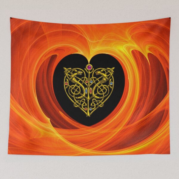 Item preview, GOLD CELTIC KNOT HEART, LIZARDS  IN BLACK ORANGE YELLOW FRACTAL WAVES designed and sold by BulganLumini.