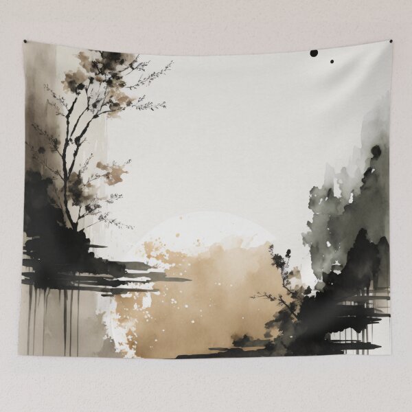 Item preview, Wabi-Sabi Japandi Ink Wash Landscape designed and sold by EcoArtLab.