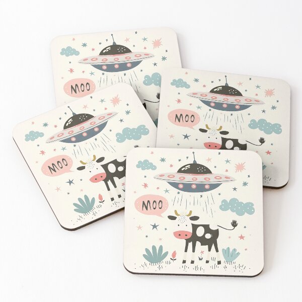 Item preview, Whimsical illustration of a cow kidnapped by a UFO with the word Moo in a speech bubble designed and sold by Jerhus.