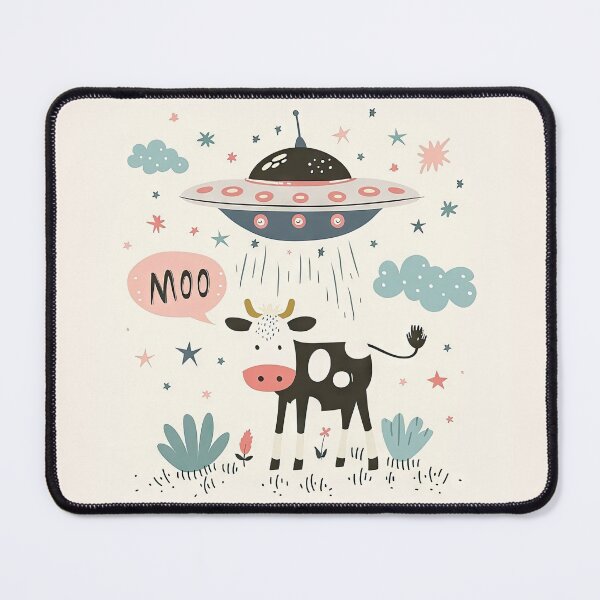 Item preview, Whimsical illustration of a cow kidnapped by a UFO with the word Moo in a speech bubble designed and sold by Jerhus.