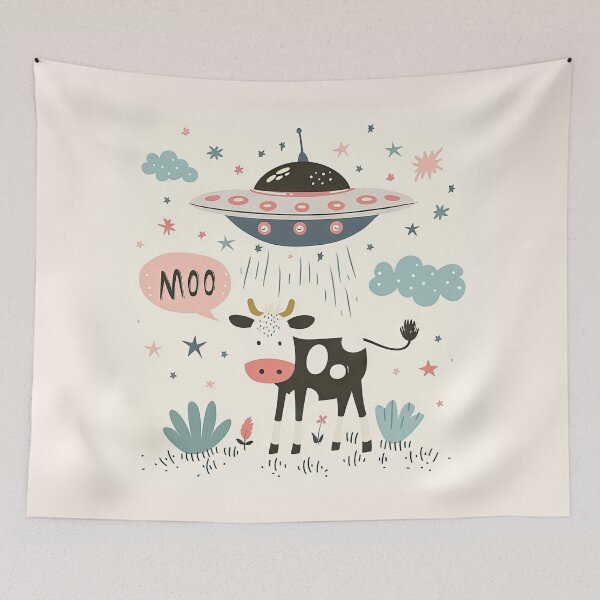 Item preview, Whimsical illustration of a cow kidnapped by a UFO with the word Moo in a speech bubble designed and sold by Jerhus.