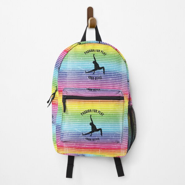 Item preview, Black silhouette of a woman in yoga pose against the background of rainbow stripes designed and sold by HarridanCreates.