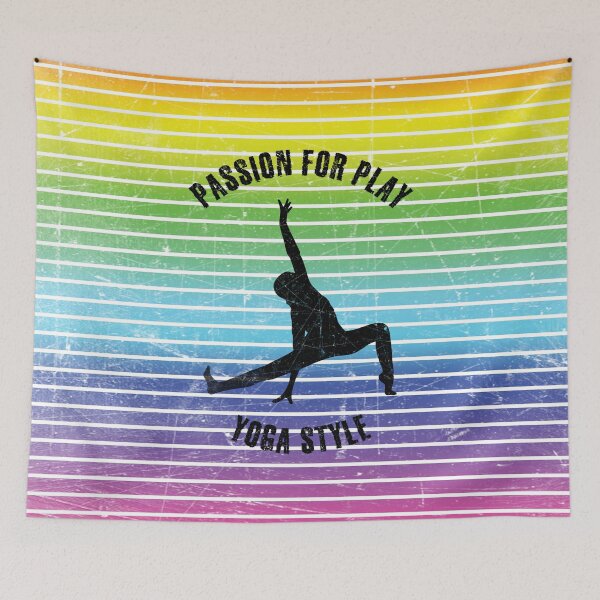 Item preview, Black silhouette of a woman in yoga pose against the background of rainbow stripes designed and sold by HarridanCreates.