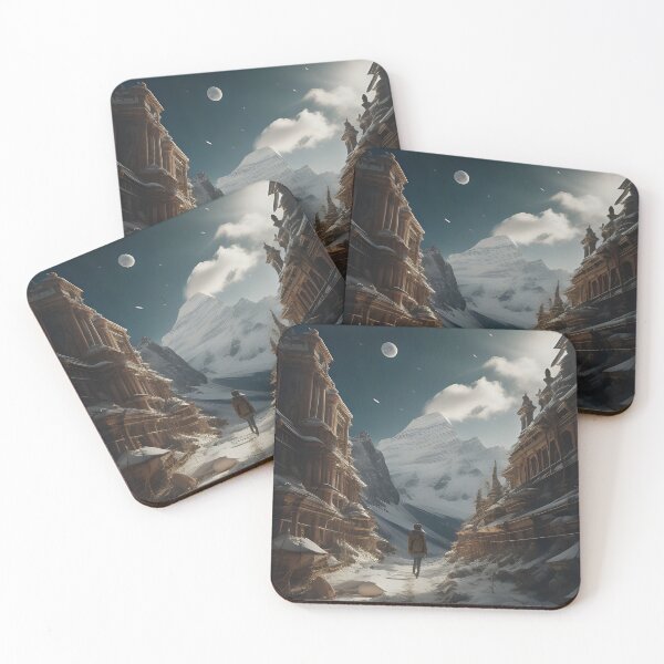 Item preview, Snowy Mountain Town at Night with Hiker | AI Art designed and sold by marjessas-world.