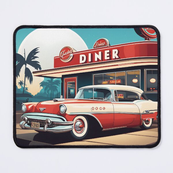 Item preview, Vintage Diner Delight: escena retro con autos clásicos designed and sold by Chroma Artis.
