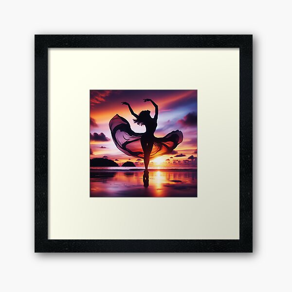 Vista previa del artículo con la obra «Mujer bailando, capturada en medio de un giro, su forma expresa libertad y belleza, con el telón de fondo de una puesta de sol en una playa.», diseñado y vendido por AndreaMart.