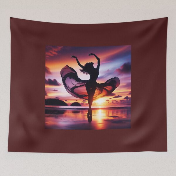 Item preview, Woman dancing, captured in mid-twirl, her form expressing freedom and beauty, against a backdrop of a sunset on a beach designed and sold by AndreaMart.