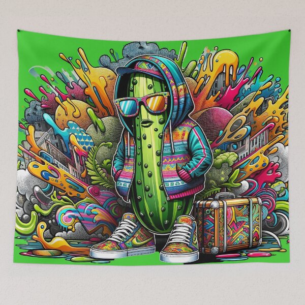 Item preview, Urban Jungle Cucumber, Funky Street Art Character with Graffiti and Color Splash designed and sold by WickedAI.