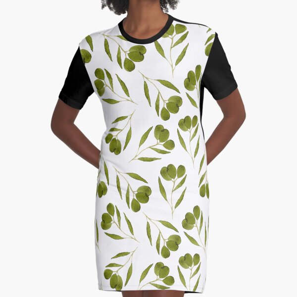 Watercolor olives with leaves Graphic T-Shirt Dress