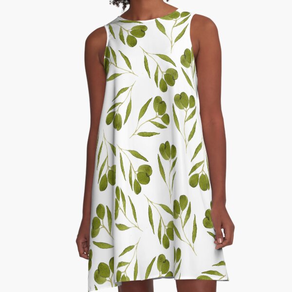 Watercolor olives with leaves A-Line Dress