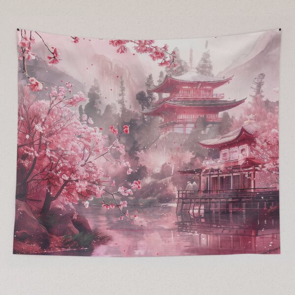 Item preview, Serene Sakura: Traditional Canvas Artwork of Japanese Cherry Blossoms, Capturing the Tranquility of Nature, Landscape, and Iconic Shintoo Temple designed and sold by Mullet Monkey.