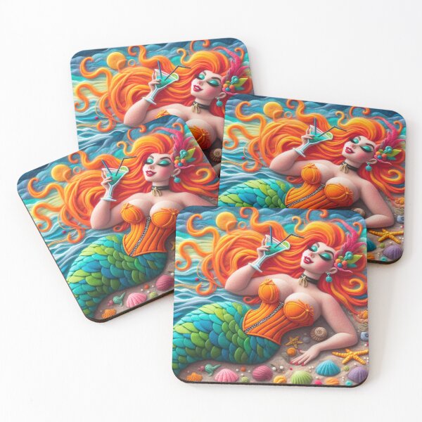Item preview, Redheaded Burlesque Mermaid with Cocktail on the Beach designed and sold by FairytalePress.