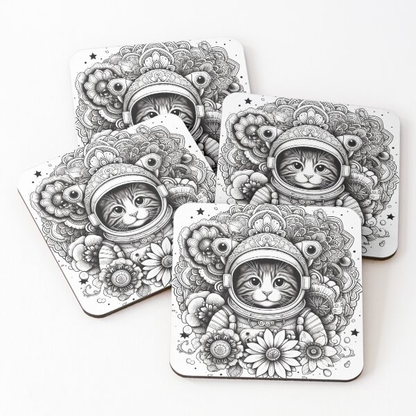 Item preview, astronaut cat mandala with black and white geometric patterns designed and sold by Anime9122.