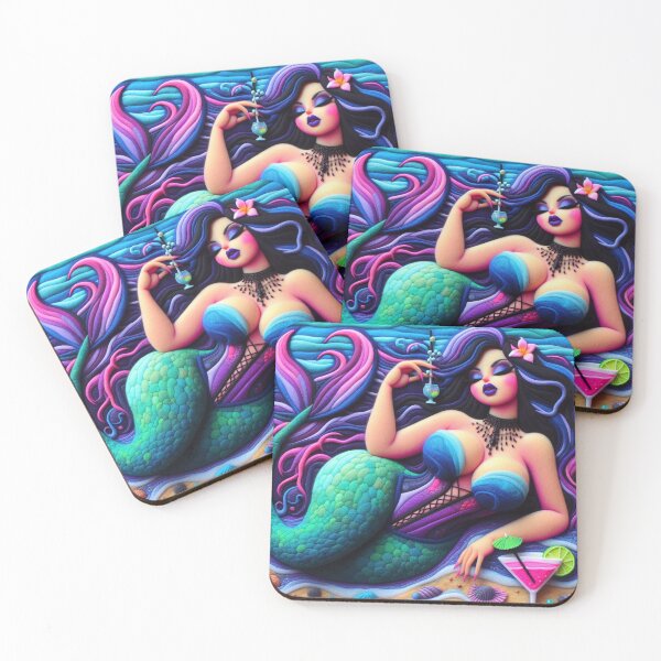 Item preview, Black Haired Burlesque Mermaid Lounging on the Beach with a Drink designed and sold by FairytalePress.