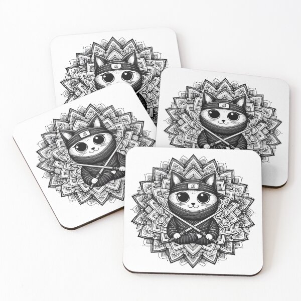 Item preview, ninja cat mandala with black and white geometric patterns designed and sold by Anime9122.