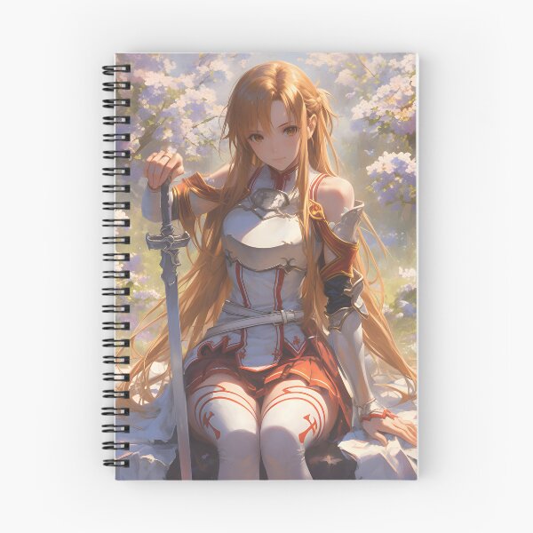 Item preview, Asuna SAO Cute Anime Girl With a Sword Sitting on a Bench Surrounded by Flowers – Oil Painting Style designed and sold by DGitaldreamgirl.